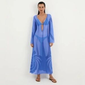 Caroline Constas Blue Long Sleeve Cover-Up Maxi Dress